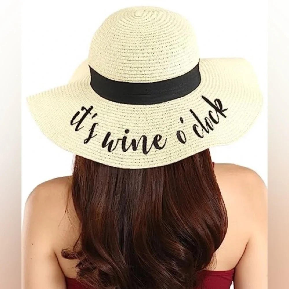 Stylish Cream with Black Embroidered Accent Decor Band Foldable Straw Sun Hat
